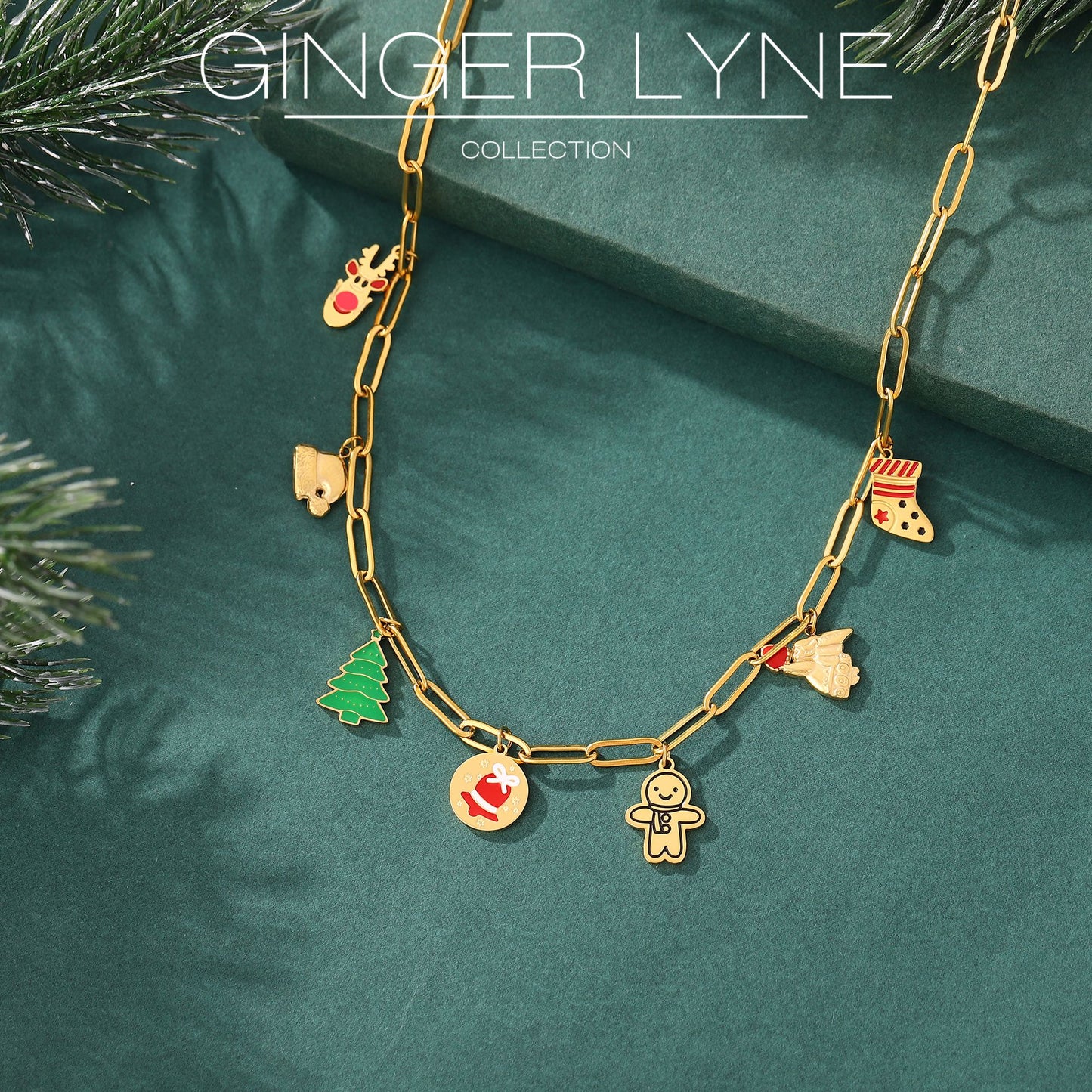 ChristmasCharmPaperclipChainNecklaceforWomen14ktGoldoverStainlessSteelAdjustableto18"byGingerLyneCollection_Necklace-Gold-3