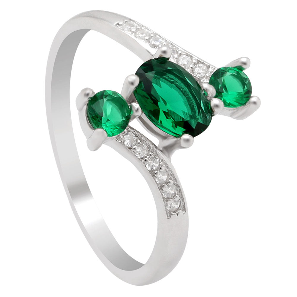 Birthstone Statement Ring 3 Stone Sterling Silver Cz Women Ginger Lyne Collection - green,11