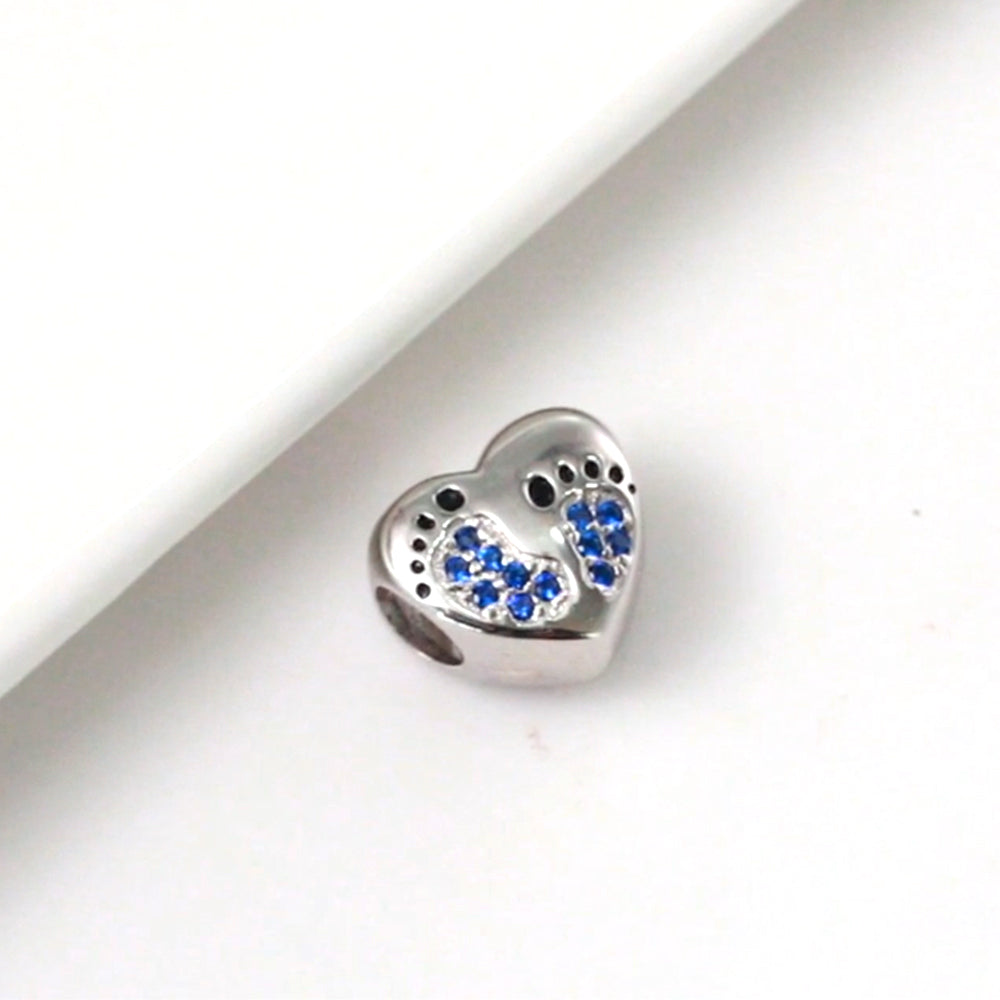 Baby Footprints Heart Charm for Women European Bead CZ Sterling Silver Ginger Lyne Collection - Blue