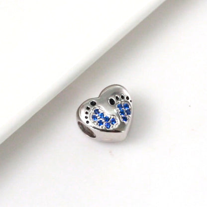Baby Footprints Heart Charm for Women European Bead CZ Sterling Silver Ginger Lyne Collection - Blue