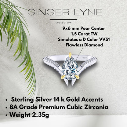 Pear Engagement Ring for Women by Ginger Lyne 1.5 Ct Sterling Silver Gold Wedding Rings