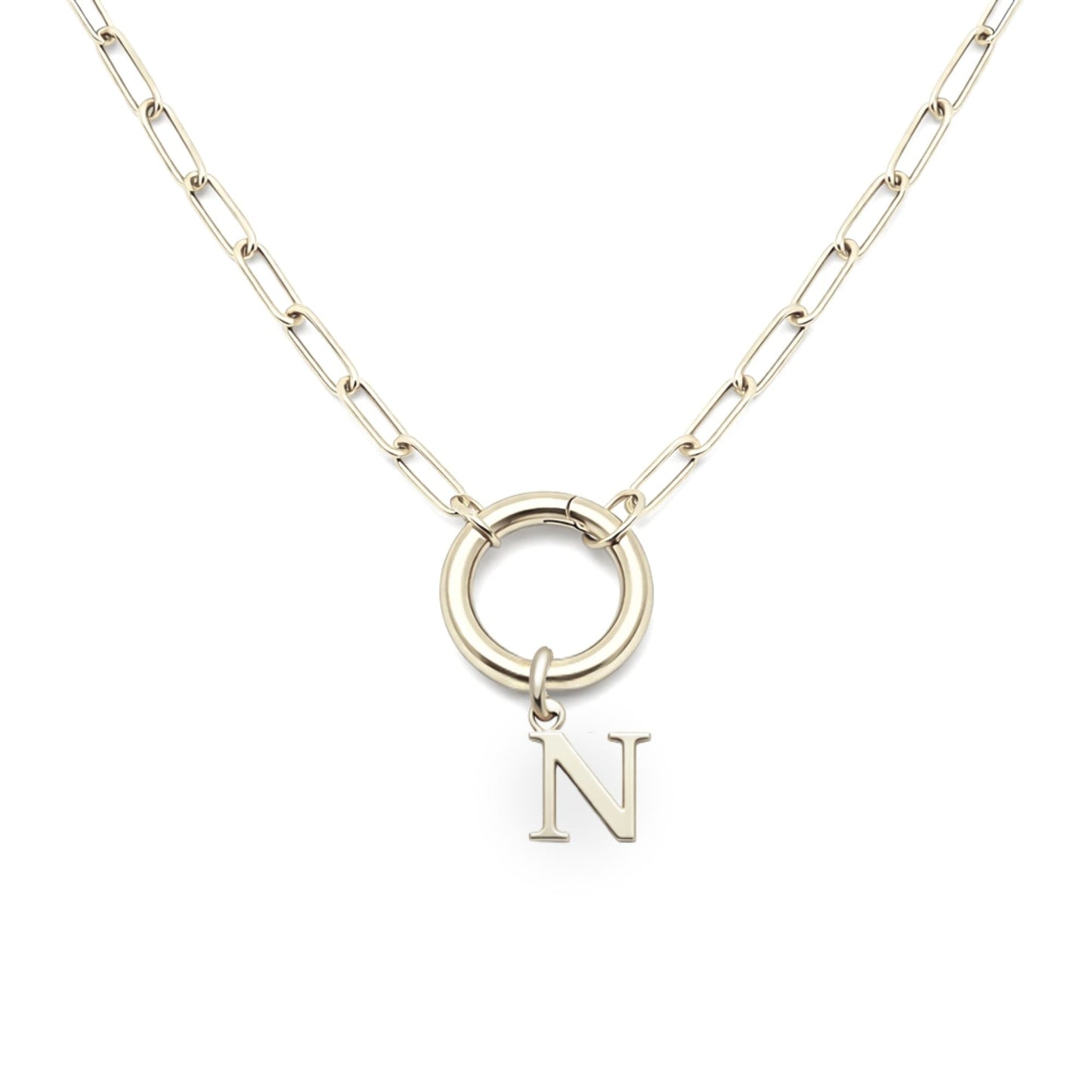 PaperclipLinkCircleCarabinerIntialLetterCharmHolderNecklaceforWomenStainlessSteel20"GingerLyne_Silver-N-1