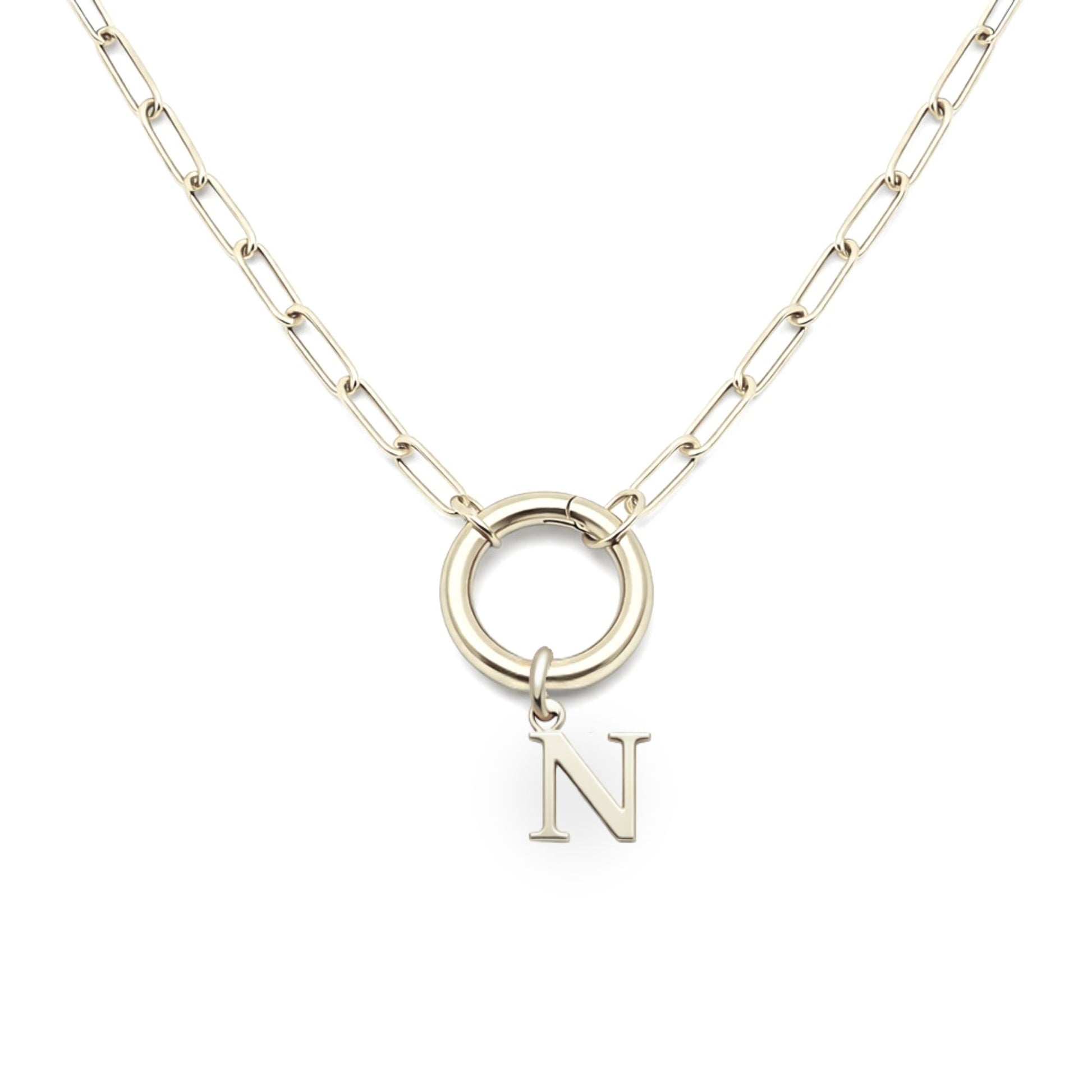 PaperclipLinkCircleCarabinerIntialLetterCharmHolderNecklaceforWomenStainlessSteel20"GingerLyne_Silver-N-1