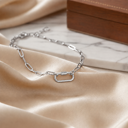 Carabiner Charm Holder Necklace for Women by Ginger Lyne Paperclip Chain Silver Stainless Steel 18-20" - Silver-PaperclipChain/Rect Sq CH