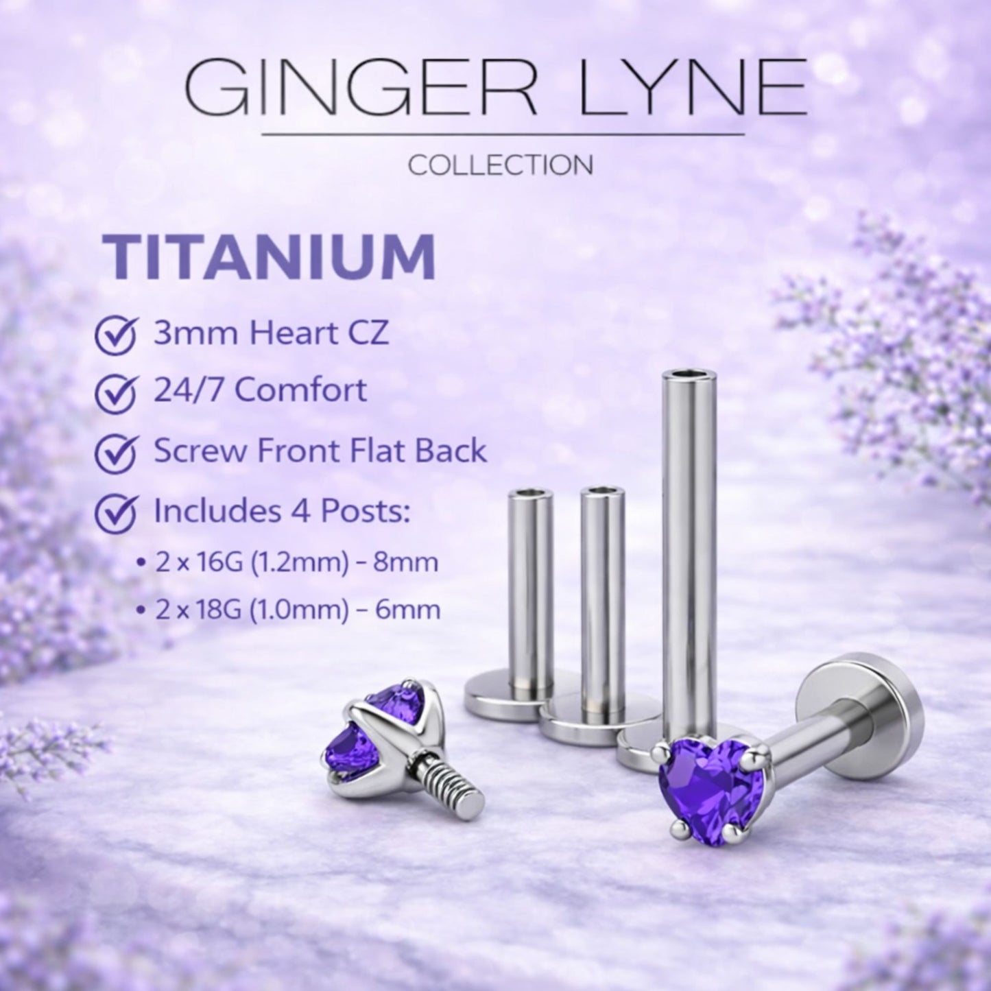 Small Heart CZ Solitaire Flat Back Stud Earrings Titanium Body Piercings by Ginger Lyne 2 Sets Post 6mm 8mm - 3mm-DKPurple