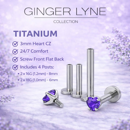 Small Heart CZ Solitaire Flat Back Stud Earrings Titanium Body Piercings by Ginger Lyne 2 Sets Post 6mm 8mm - 3mm-DKPurple
