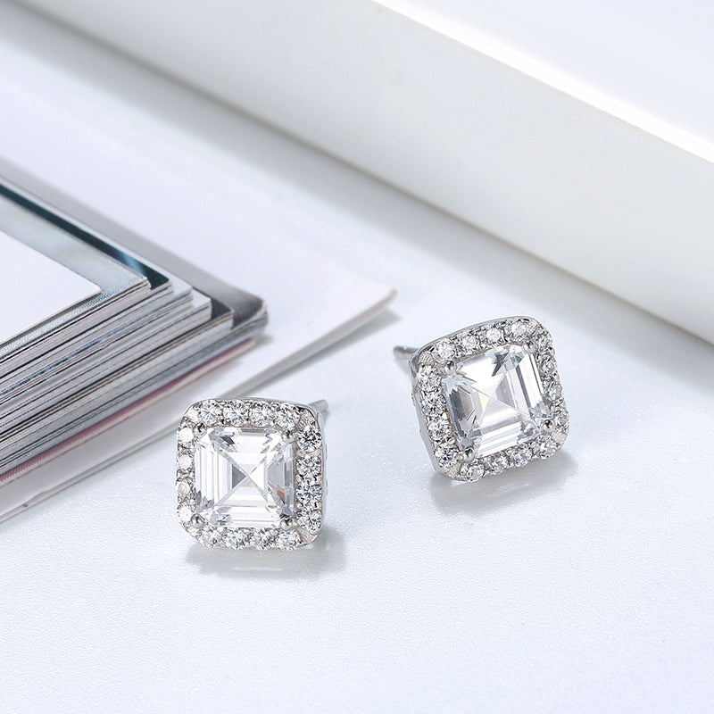 Square Halo Stud Earrings for Women Clear Cz Sterling Silver Womens Ginger Lyne Collection - White Gold