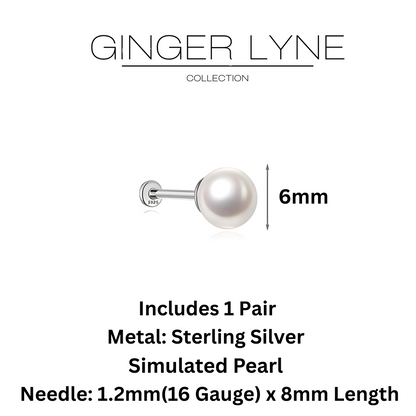 Pearl Flat Back Earrings for Women Sterling Silver Cartilage Helix Upper Lobe Body Piercing Stud Ginger Lyne - Silver