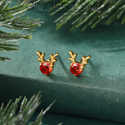 RudolphReindeerEarringsforWomenGoldPlatedStainlessSteelStudRedCZbyGingerLyne_Gold-2