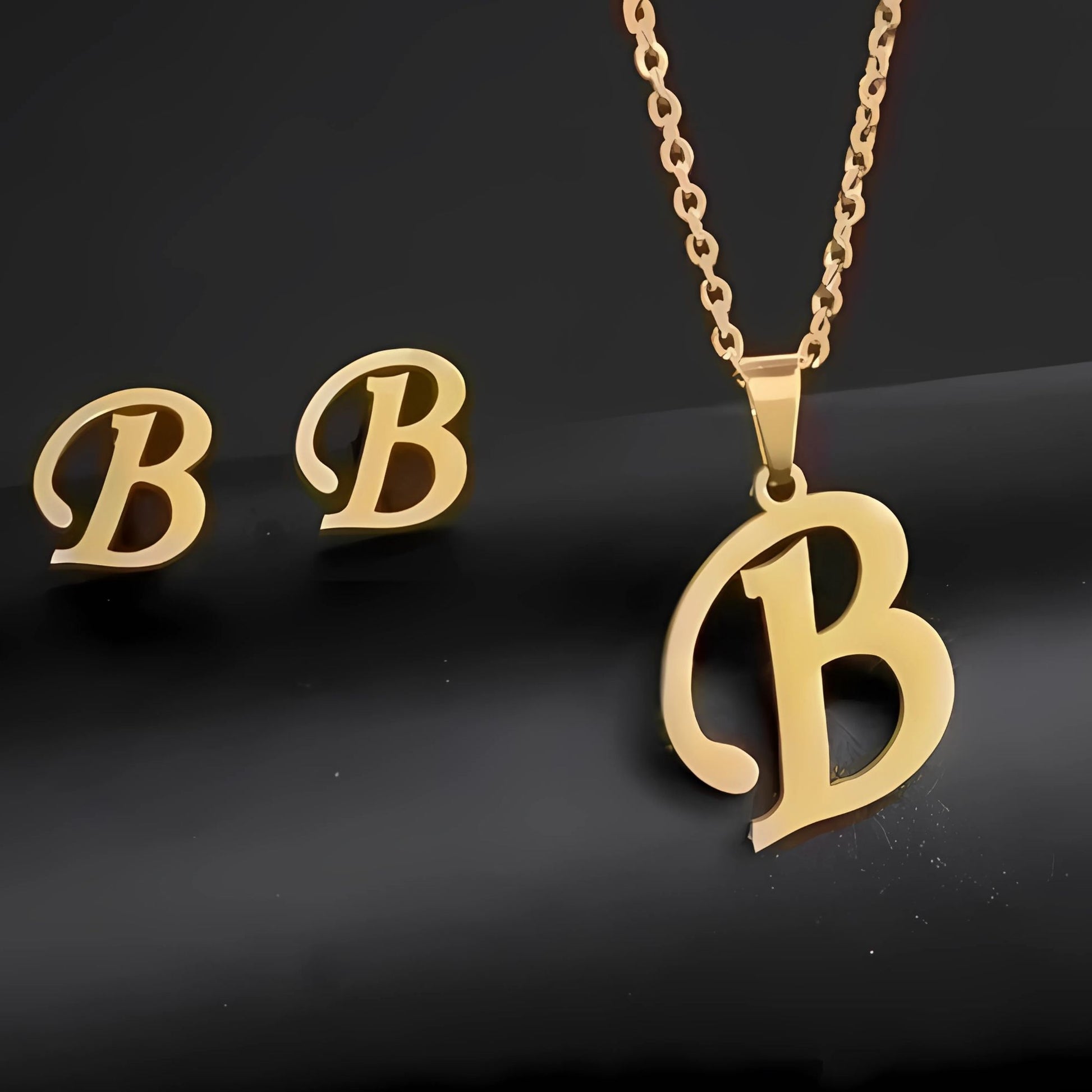 Initial Letter Pendant Necklace Earrings Set for Women Gold Plated Stainless Steel by Ginger Lyne - B