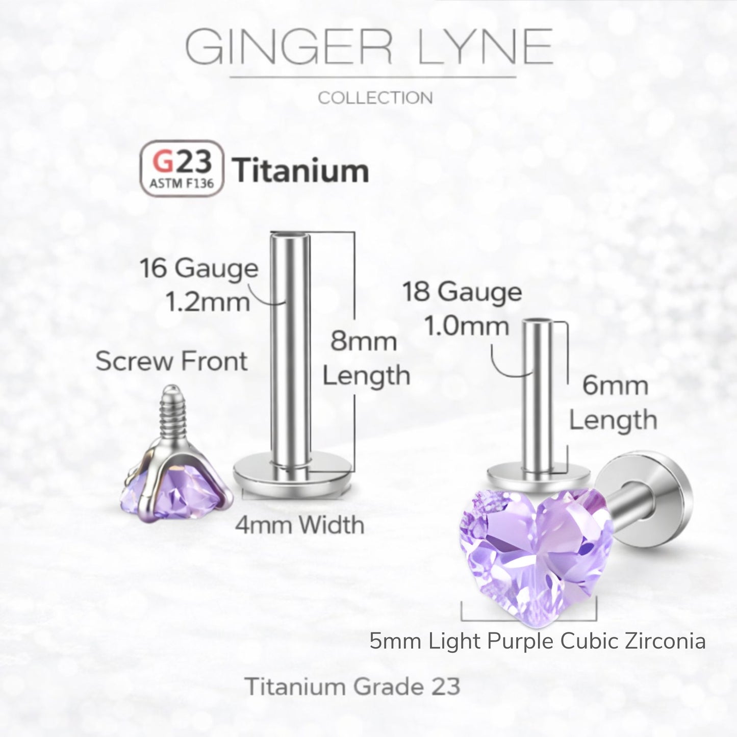 Small Heart CZ Solitaire Flat Back Stud Earrings Body Piercings by Ginger Lyne 2 Sets Post 6mm 8mm Included - 5mm-LtPurple