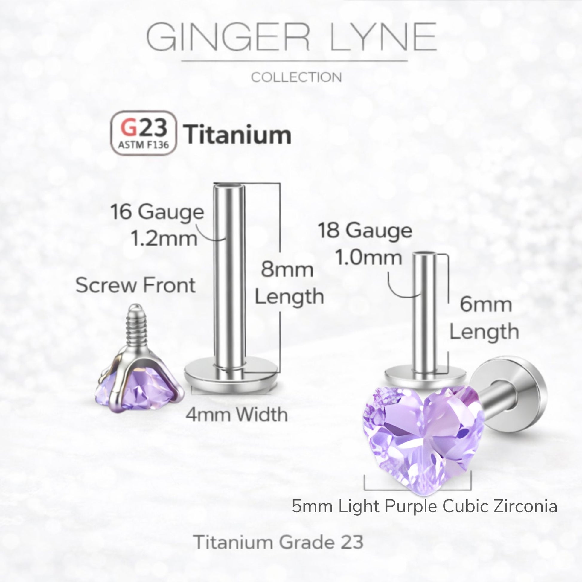 Small Heart CZ Solitaire Flat Back Stud Earrings Body Piercings by Ginger Lyne 2 Sets Post 6mm 8mm Included - 5mm-LtPurple