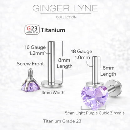 Small Heart CZ Solitaire Flat Back Stud Earrings Body Piercings by Ginger Lyne 2 Sets Post 6mm 8mm Included - 5mm-LtPurple