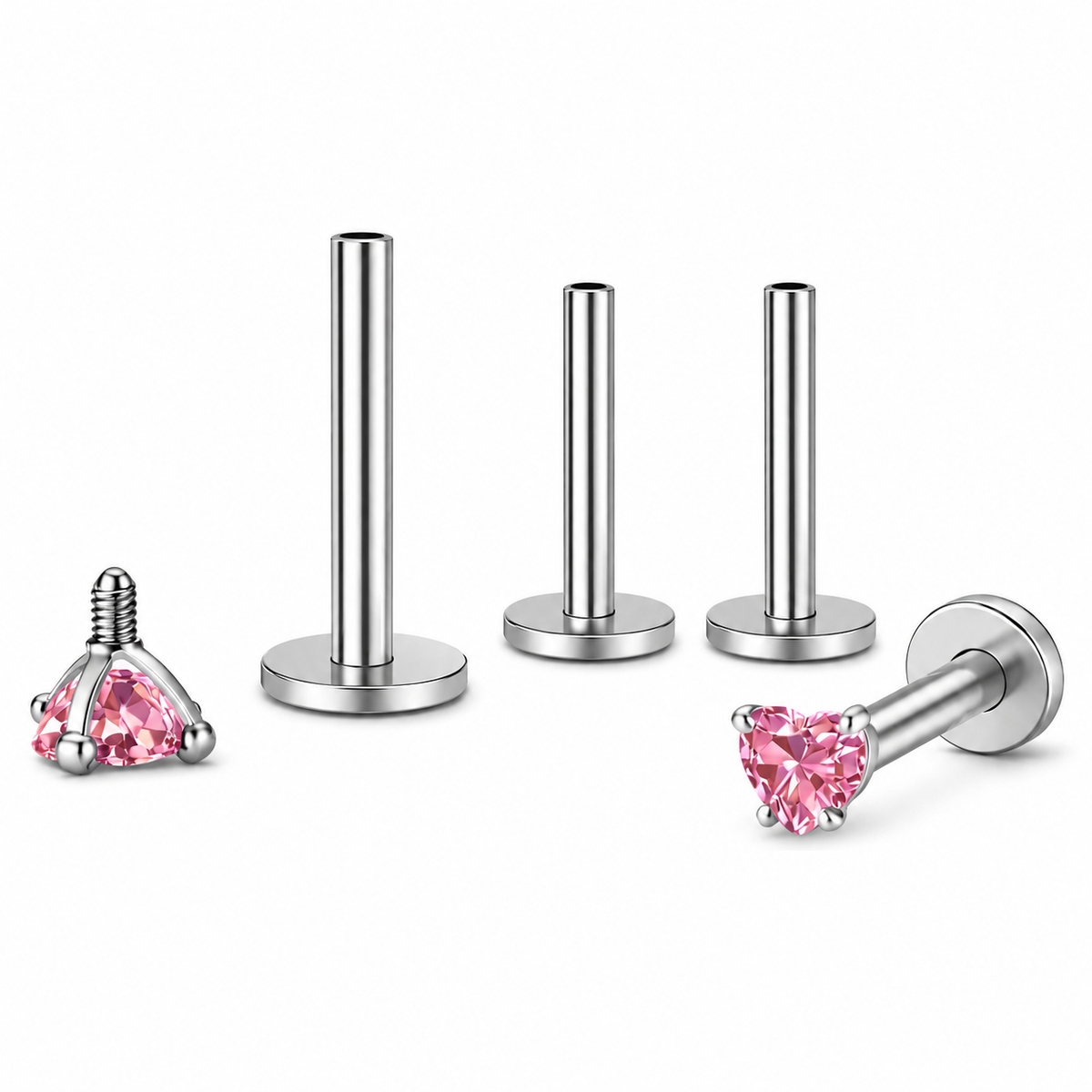 Titanium Flat Back Earrings 3mm Pink Heart CZ Stud Earrings for Women, G23 Conch Helix Tragus Cartilage Labret Lip Piercing Jewelry, Body Jewelry - 3mm-Pink