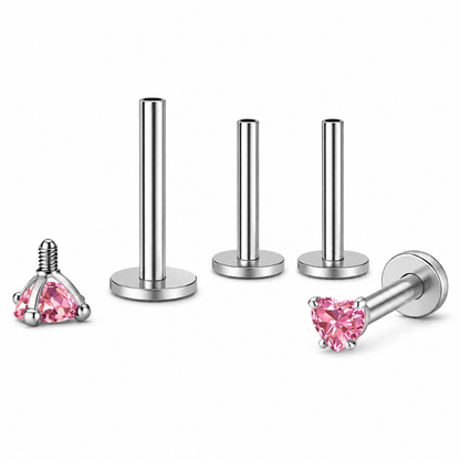 Titanium Flat Back Earrings 3mm Pink Heart CZ Stud Earrings for Women, G23 Conch Helix Tragus Cartilage Labret Lip Piercing Jewelry, Body Jewelry - 3mm-Pink