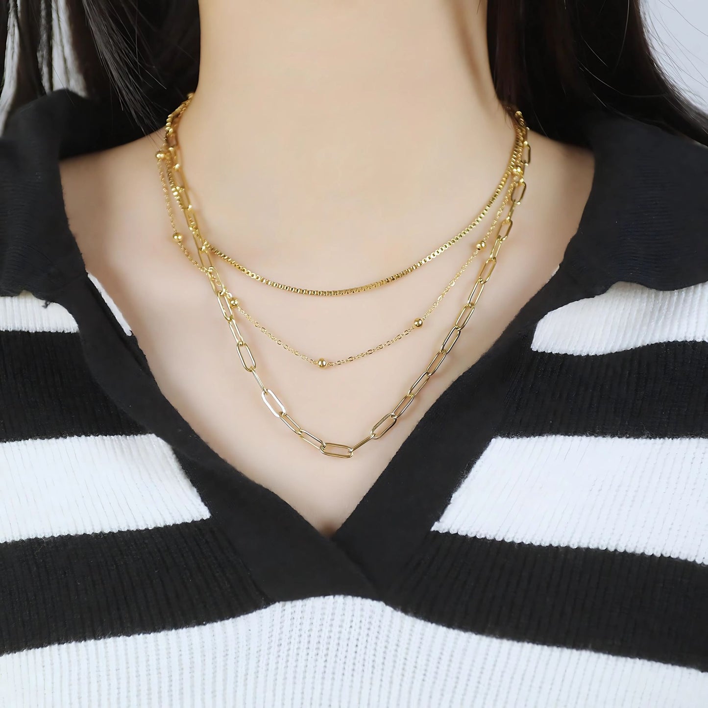 Layered Chain Necklace for Women by Ginger Lyne Gold Plated Stainless Steel Box Bead and Paperclip Chains - Gold