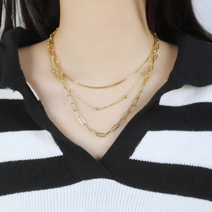 Layered Chain Necklace for Women by Ginger Lyne Gold Plated Stainless Steel Box Bead and Paperclip Chains - Gold