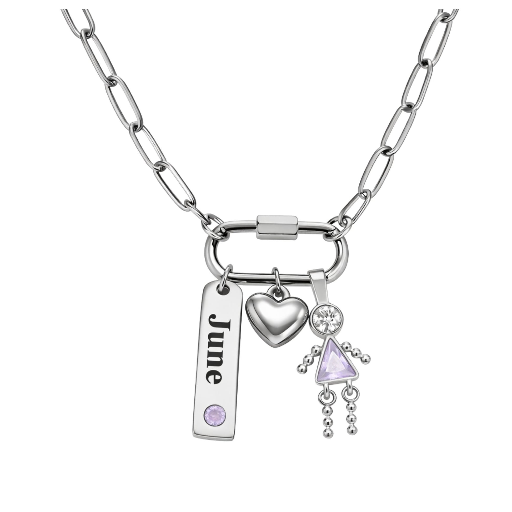 CarabinerFamilyBirthstoneNecklaceforMomorGrandmabyGingerLyneStainlessSteelCZBirthdayCharms_Female-June-Silver-1