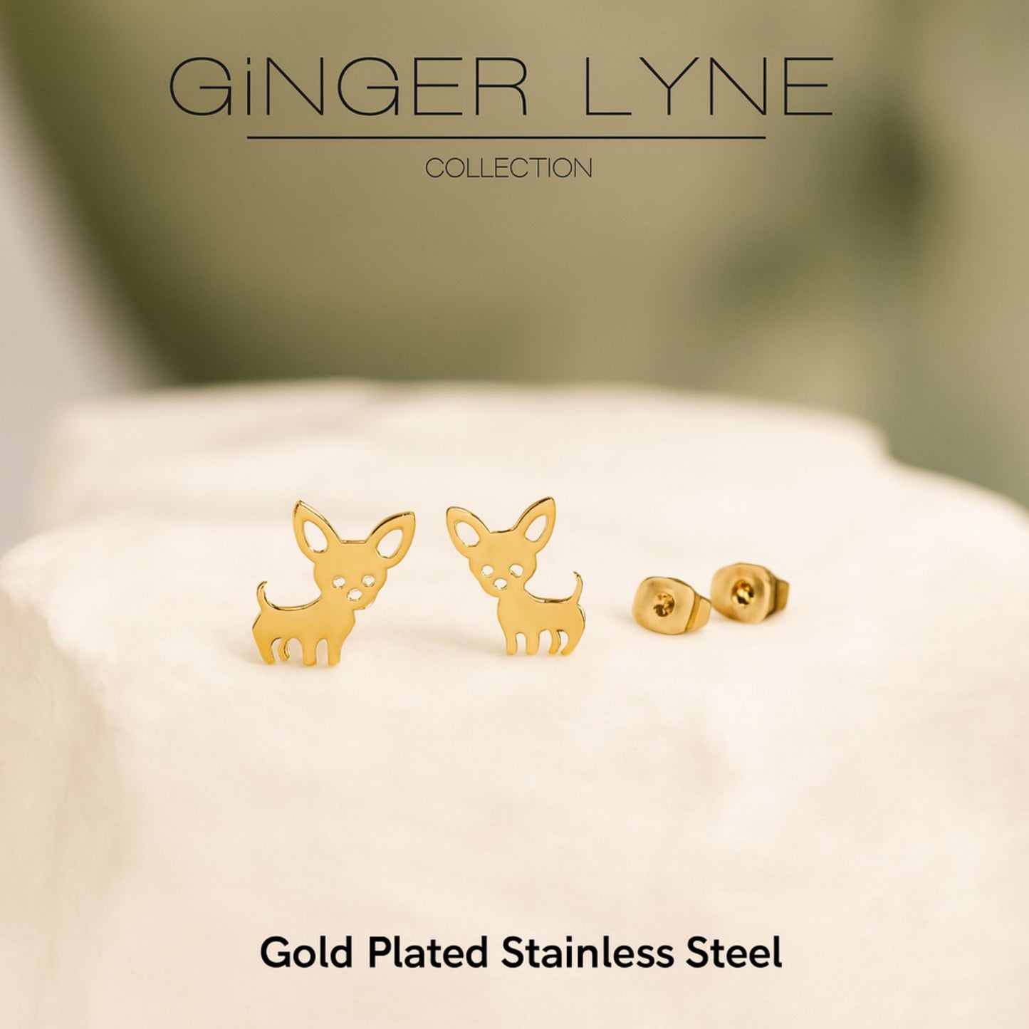 Ginger Lyne Chihuahua Dog Stud Earrings for Women Stainless Steel Puppy Pet Jewelry Gifts - Gold Tone