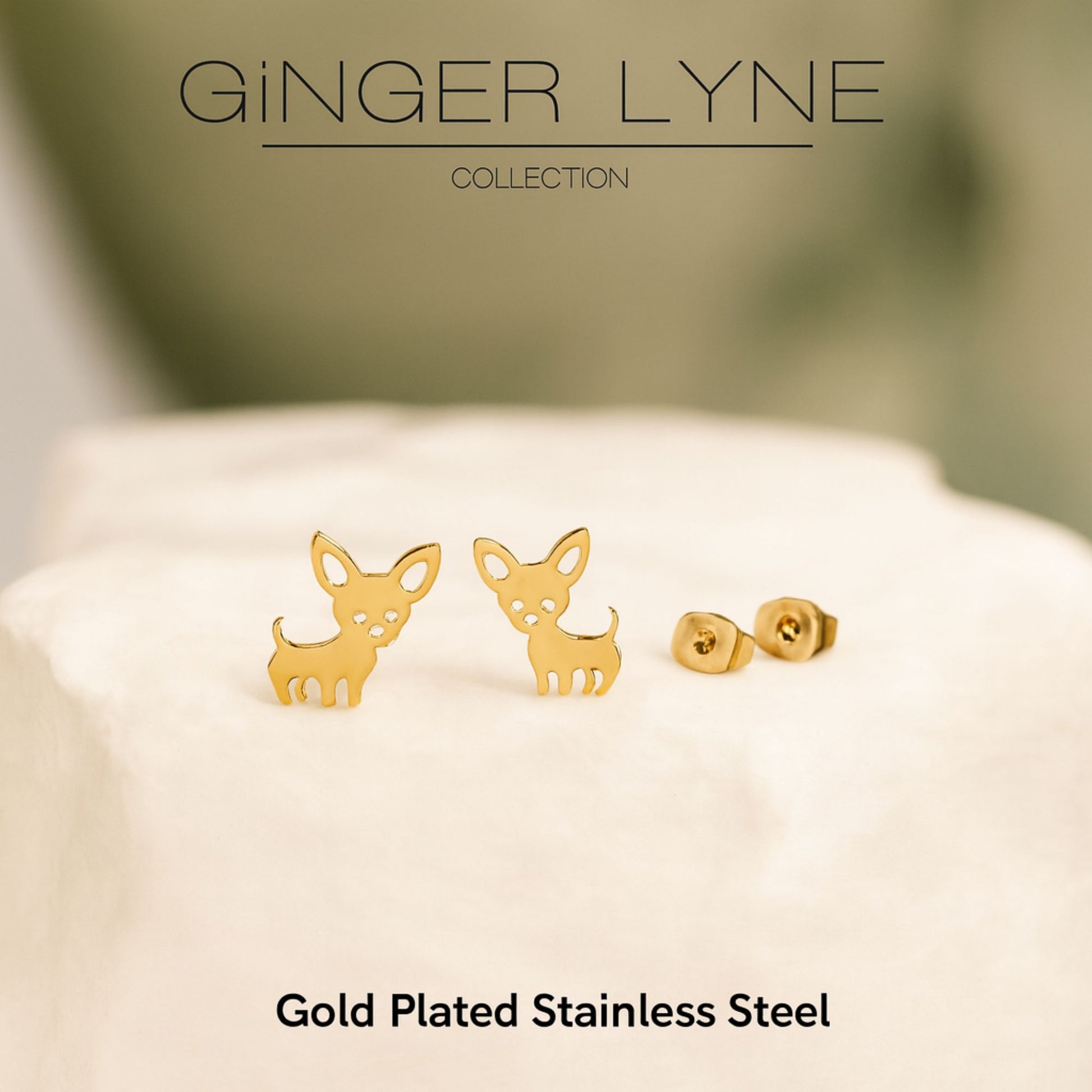 Ginger Lyne Chihuahua Dog Stud Earrings for Women Stainless Steel Puppy Pet Jewelry Gifts - Gold Tone