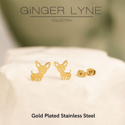 Ginger Lyne Chihuahua Dog Stud Earrings for Women Stainless Steel Puppy Pet Jewelry Gifts - Gold Tone