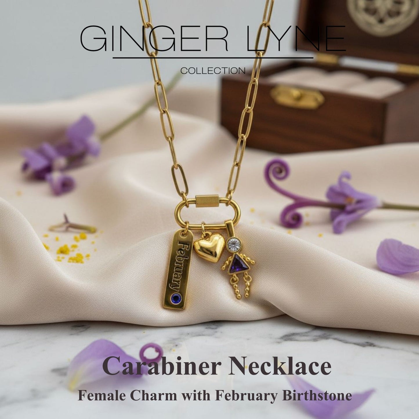 Carabiner Family Birthstone Necklace for Mom or Grandma by Ginger Lyne Stainless Steel CZ Birthday Charms_Female-February-Gold-2