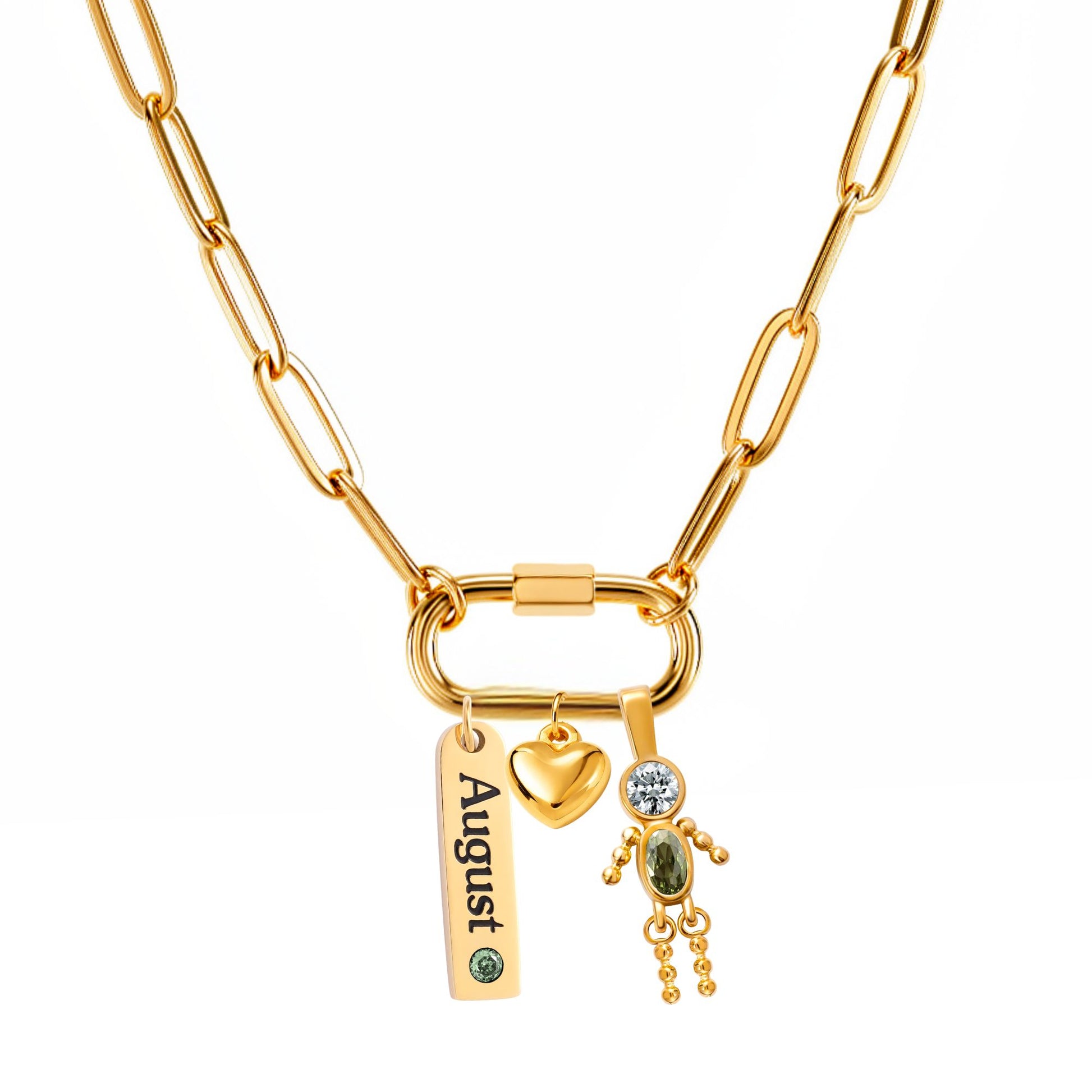 CarabinerFamilyBirthstoneNecklaceforMomorGrandmabyGingerLyneStainlessSteelCZBirthdayCharms_Male-August-Gold-1