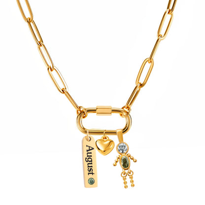 CarabinerFamilyBirthstoneNecklaceforMomorGrandmabyGingerLyneStainlessSteelCZBirthdayCharms_Male-August-Gold-1