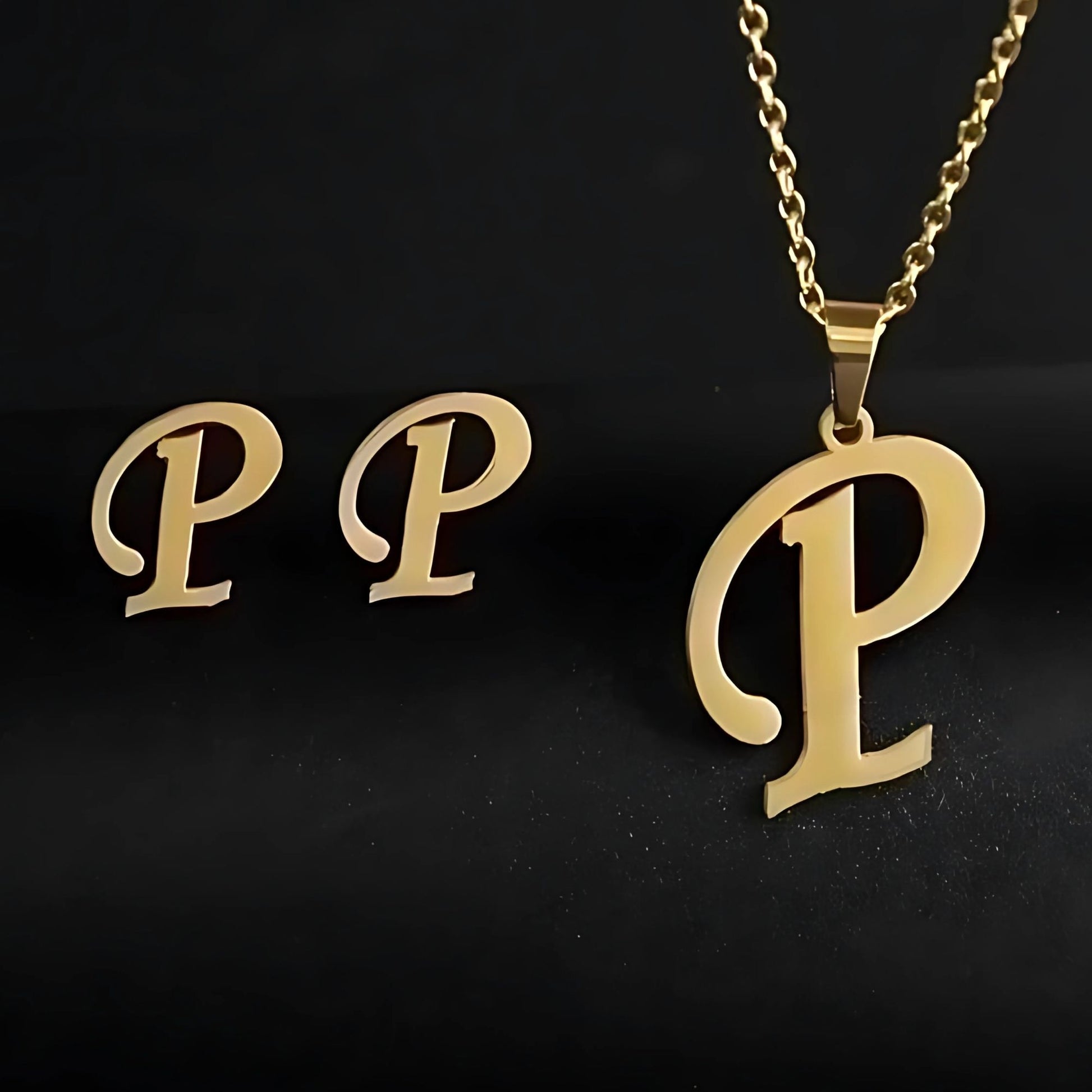 Initial Letter Pendant Necklace Earrings Set for Women Gold Plated Stainless Steel by Ginger Lyne - P