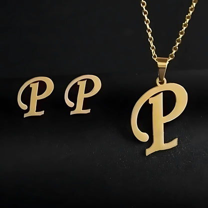 Initial Letter Pendant Necklace Earrings Set for Women Gold Plated Stainless Steel by Ginger Lyne - P