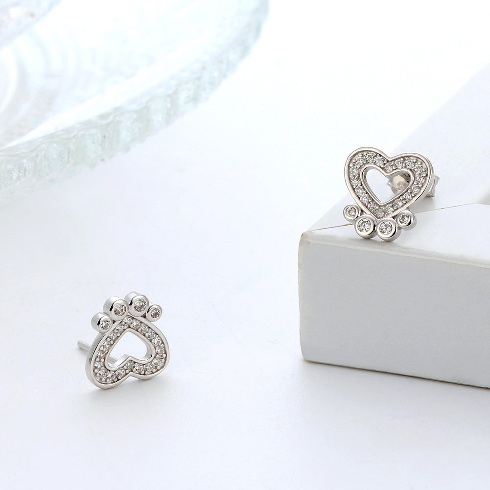 Paw Print Stud Earrings for Women Sterling Silver Clear CZ 10mm Dog Paw Studs Gift for Dog Mom by Ginger Lyne - Clear