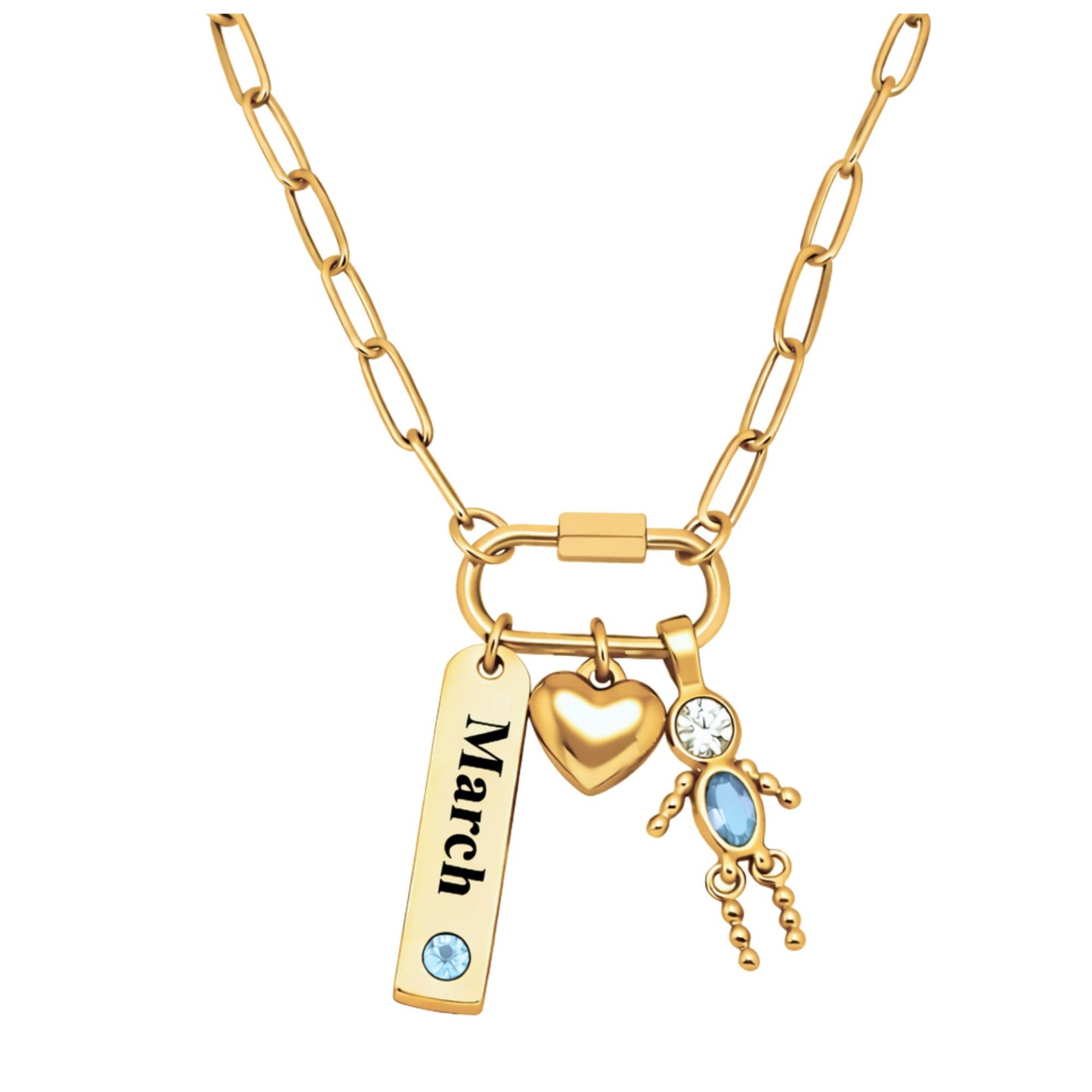 CarabinerFamilyBirthstoneNecklaceforMomorGrandmabyGingerLyneStainlessSteelCZBirthdayCharms_Male-March-Gold-1