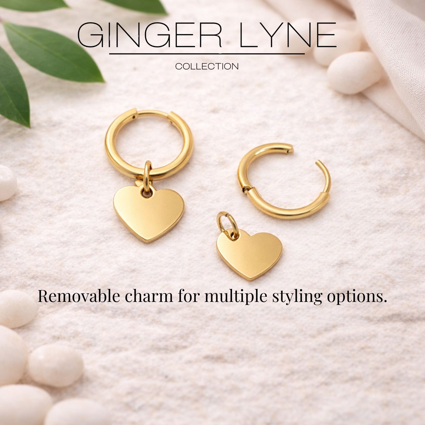 Thin Heart Charm Hoop Earrings by Ginger Lyne Stainless Steel for Lobe Cartilage Piercing Body Jewelry
