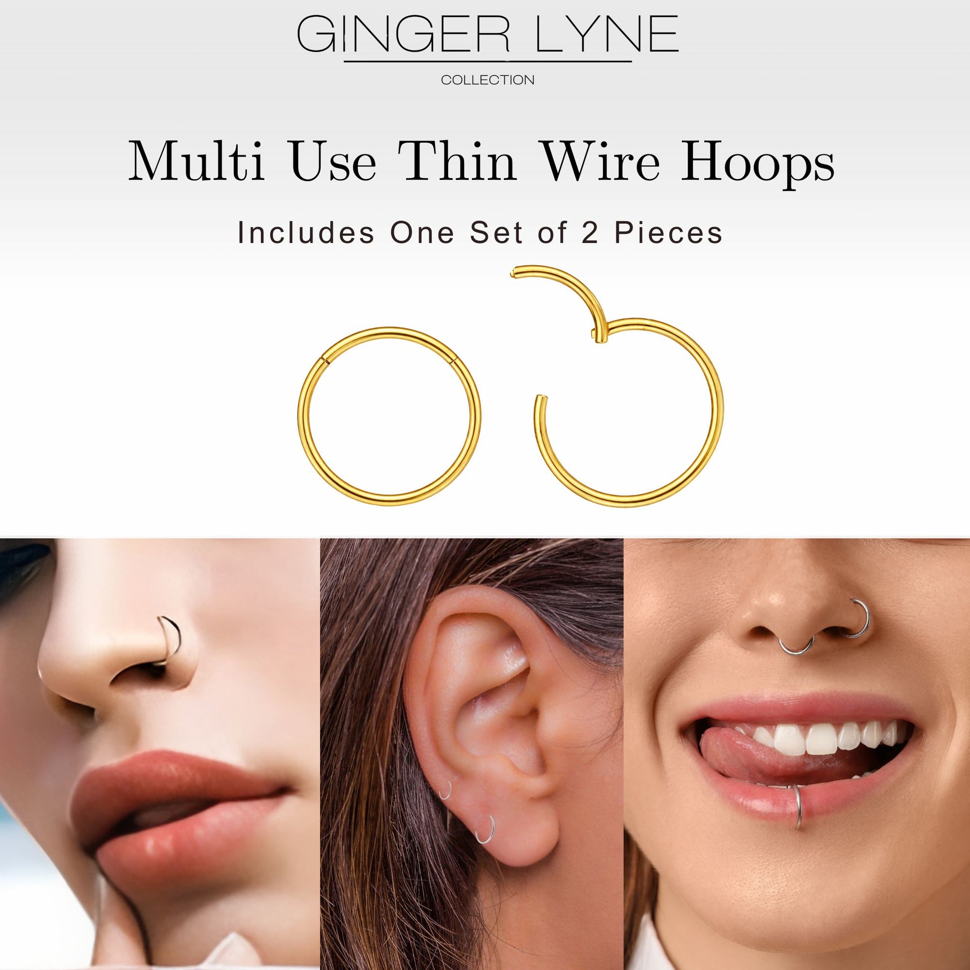 Thin Hoop Earrings Ginger Lyne 20 Gauge Stainless Steel Hinged Clicker for Lobe Cartilage Nose Piercing Body Jewelry - Silver-8mm