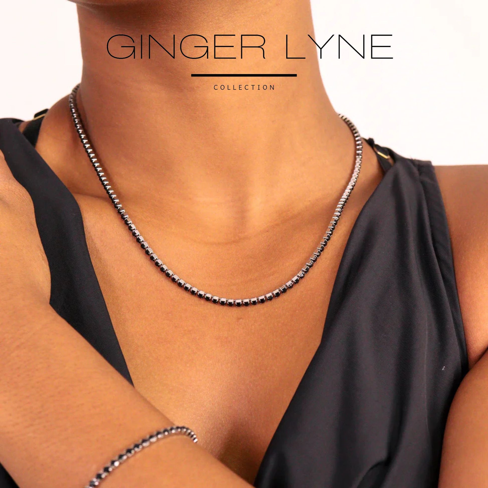 Tennis Necklace for Women 3mm Black or Clear Cubic Zirconia Choker 16-18" Adjust Length Stainless Steel - Black