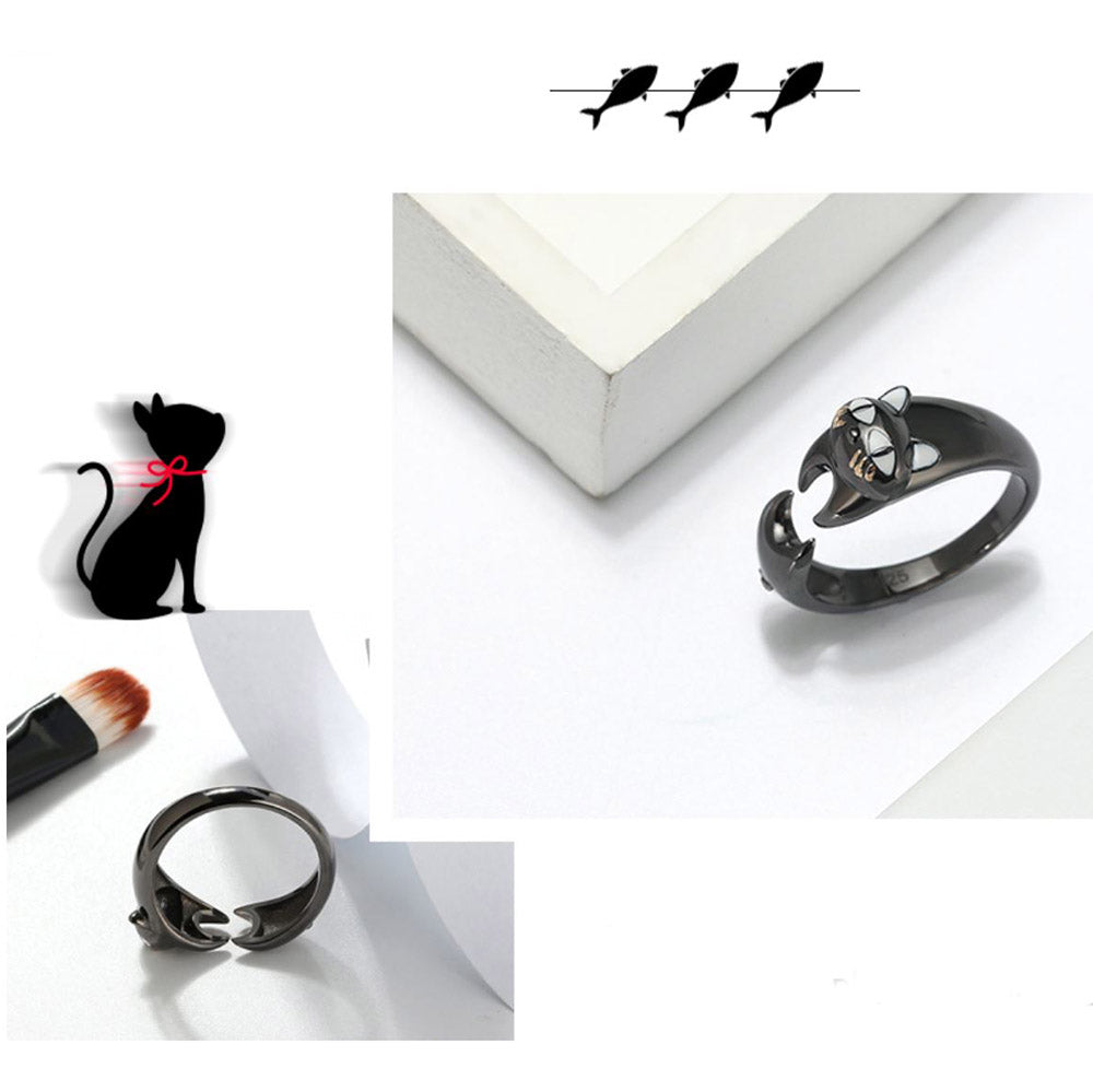 Ginny Cat Kitty Wrap Black Sterling Silver Ring Girl Women Ginger Lyne Collection