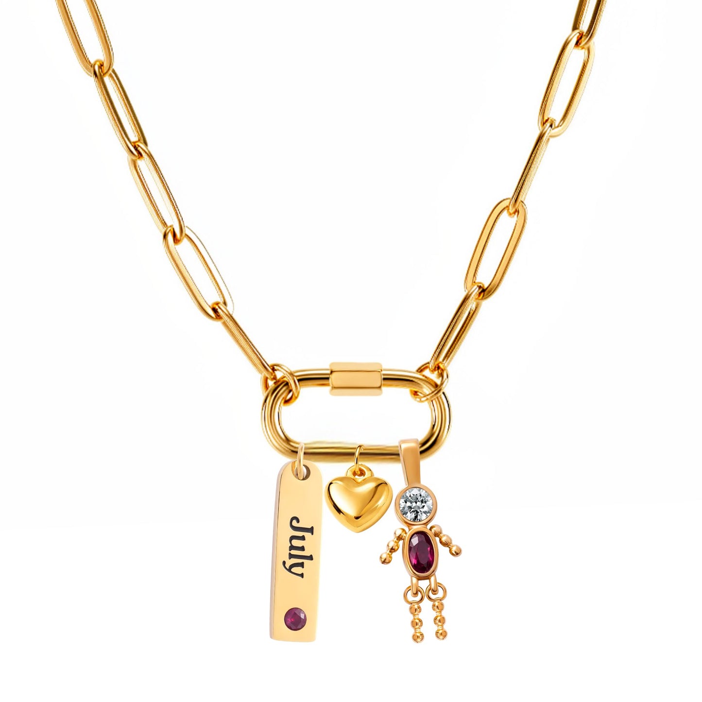 CarabinerFamilyBirthstoneNecklaceforMomorGrandmabyGingerLyneStainlessSteelCZBirthdayCharms_Male-July-Gold-1