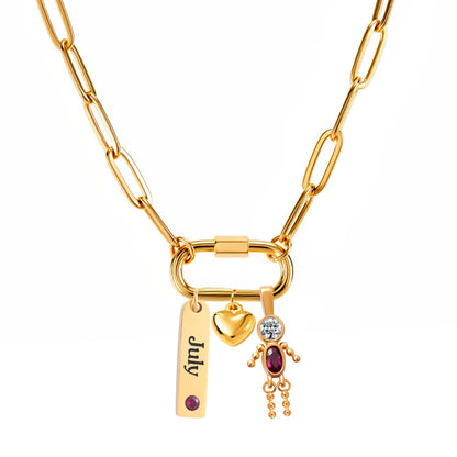 CarabinerFamilyBirthstoneNecklaceforMomorGrandmabyGingerLyneStainlessSteelCZBirthdayCharms_Male-July-Gold-1