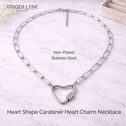 Silver Tone Heart Carabiner Charm Holder Necklace Paperclip Chain 22mm Heart Clasp 18-20 Inch Stainless Steel by Ginger Lyne - Silver-PaperclipChain/Heart CH
