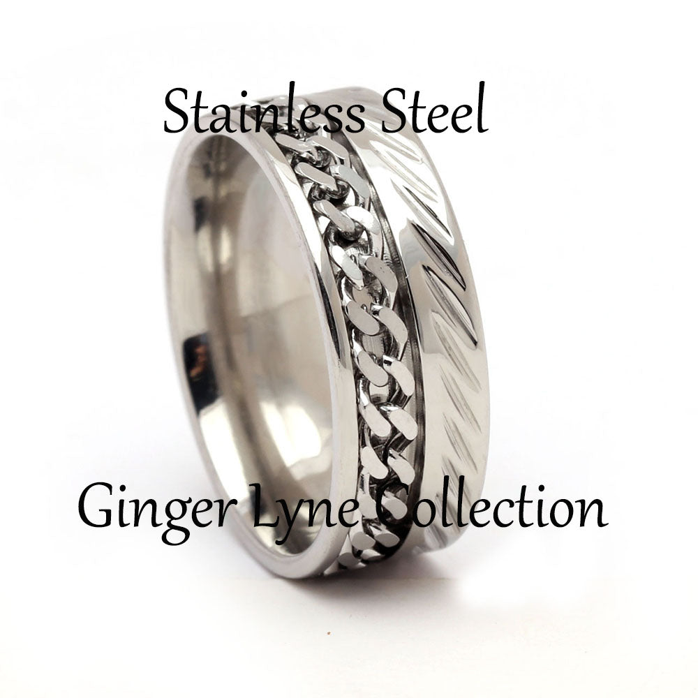 SpinnerWeddingBandRingStainlessSteel8mmMenWomensGingerLyneCollection_Silver-2