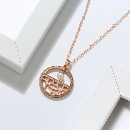 Flower Window Pattern Pendant Necklace for Women Cz Simulated Pearl Ginger Lyne Collection - Rose Gold