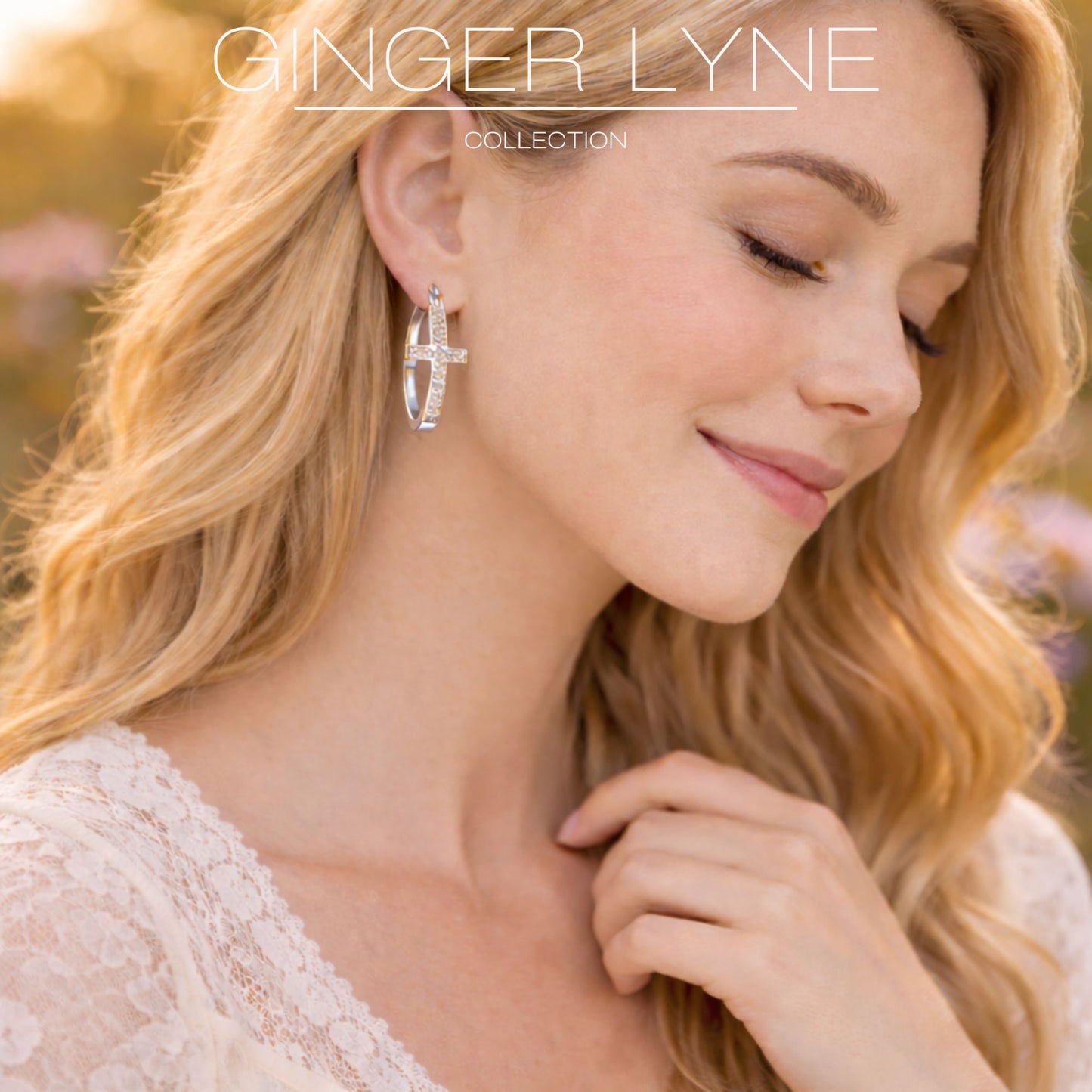 Cross Hoop Earrings for Women Cubic Zirconia Ginger Lyne Collection - Silver Tone-30mm