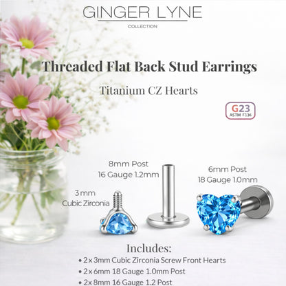 Small Heart CZ Solitaire Flat Back Stud Earrings Titanium Body Piercings by Ginger Lyne 2 Sets Post 6mm 8mm - 3mm-Blue