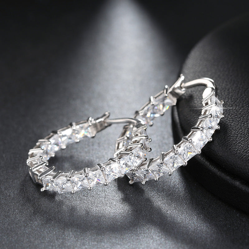 Hoop Earrings for Women Princess Cubic Zirconia White Gold Plated Ginger Lyne Collection - Silver