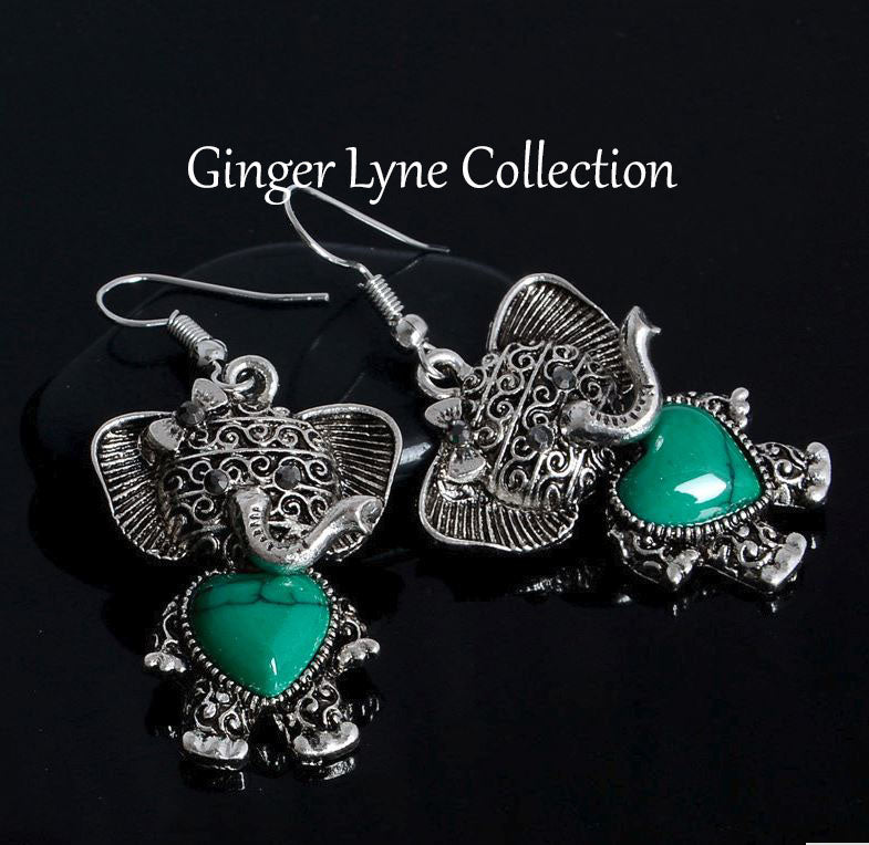 BabyElephantEarringsSimulatedTurquoiseSilverPlatedGingerLyneCollection_Green-3