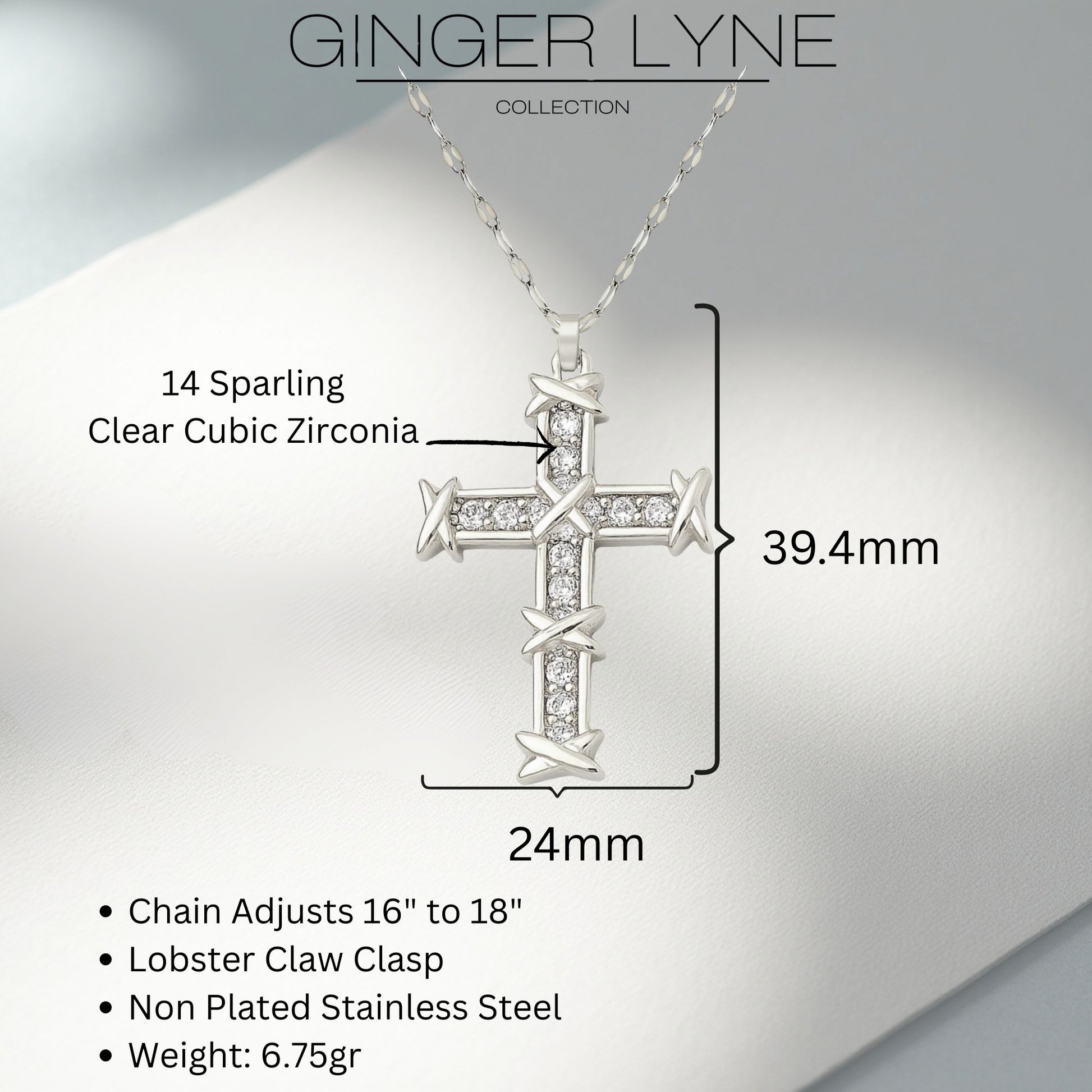 Cross Pendant Necklace for Women Religious Jewelry CZ Gold Plated Stainless Steel Ginger Lyne Collection - Silver Tone