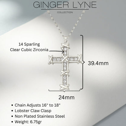 Cross Pendant Necklace for Women Religious Jewelry CZ Gold Plated Stainless Steel Ginger Lyne Collection - Silver Tone