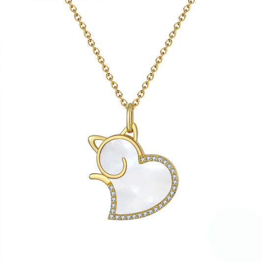 Cat Heart Pendant Necklace for Women Seashell CZ Gold Over Sterling Silver Ginger Lyne Collection - Gold
