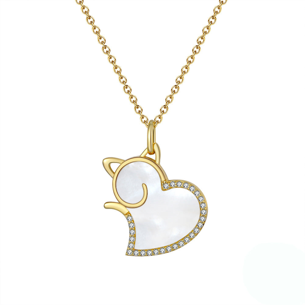 Cat Heart Pendant Necklace for Women Seashell CZ Sterling Silver Ginger Lyne Collection - Gold