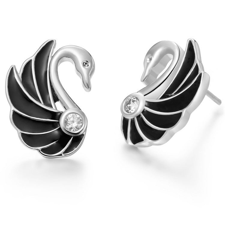 Silver Tone Swan Stud Earrings for Women with Blue Cubic Zirconia Small Bird Studs by Ginger Lyne - Silver